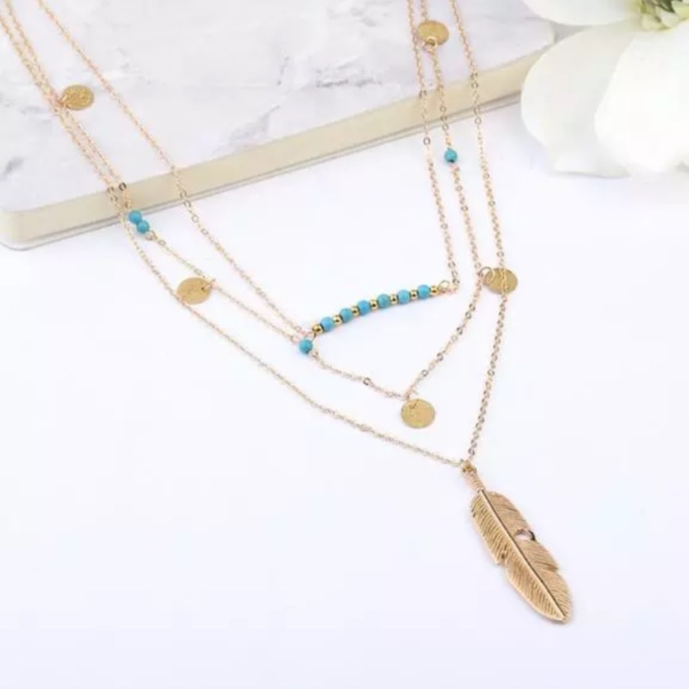 New! 3-Layer Feather Coin Necklace - Picture 3 of 9